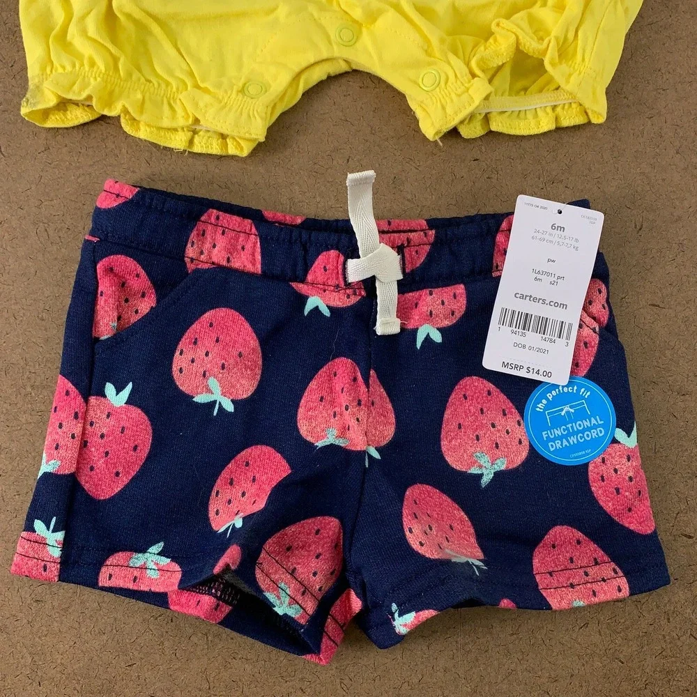 Carter's Baby Size 6 Months Blue Strawberry Shorts & Yellow Romper 2 Pieces NWT